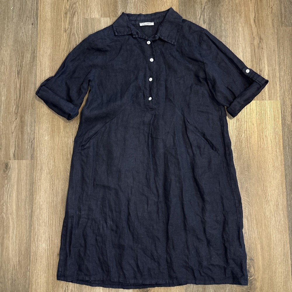 Elena Baldi 100% Linen Mini Dress Women Large Blue Roll Tab Sleeve Beach Coastal